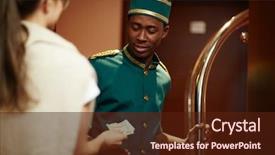  Presentation with luxury hotel - Colorful slide deck enhanced with getting tip from woman guest backdrop and a tawny brown colored foreground