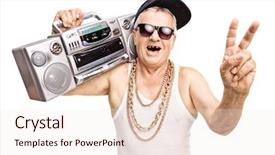  Presentation with rapper - Cool new PPT layouts with toothless senior rapper holding backdrop and a sky blue colored foreground