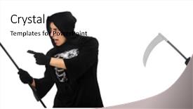  Presentation with ghost - Presentation theme having ghost characters - young man with scythe background and a coral colored foreground