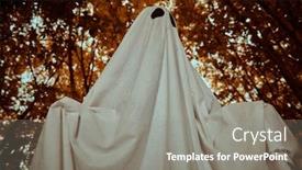  Presentation with dark forest - Beautiful theme featuring ghost child under a white sheet in a dark forest halloween concept backdrop and a gray colored foreground