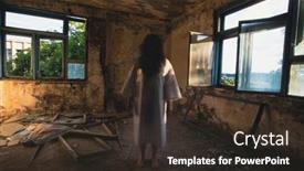  Presentation with ghost spirit - Slide set having ghost-in-abandoned-haunted-house background and a tawny brown colored foreground