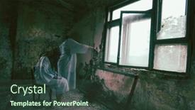  Presentation with ghost - Presentation design with ghost-in-abandoned-haunted-house background and a tawny brown colored foreground