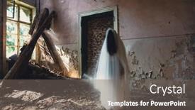  Presentation with ghost spirit - PPT theme having ghost-in-abandoned-haunted-house background and a gray colored foreground