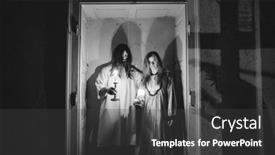  Presentation with ghosts - PPT theme having ghosts-in-abandoned-haunted-house background and a dark gray colored foreground