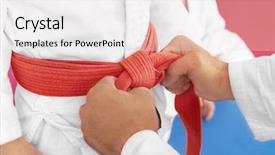  Presentation with karate - Theme having gi - karate instructor tying belt background and a sky blue colored foreground