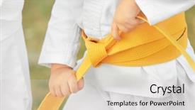  Presentation with outdoors - Slide deck having gi - little child in karategi outdoors background and a light gray colored foreground