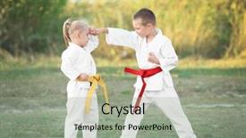  Presentation with karate - Slides enhanced with gi - little children practicing karate outdoors background and a light gray colored foreground