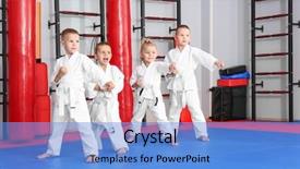  Presentation with children doing kids gym - Cool new theme with gi - little children practicing karate backdrop and a light blue colored foreground