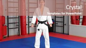  Presentation with karate - Presentation design consisting of gi - male karate instructor in dojo background and a coral colored foreground
