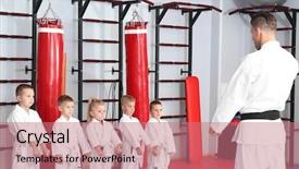  Presentation with karate - Colorful PPT layouts enhanced with gi - male karate instructor training little backdrop and a coral colored foreground