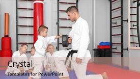  Presentation with karate - Colorful PPT layouts enhanced with gi - male karate instructor training little backdrop and a coral colored foreground