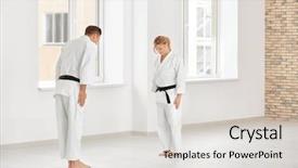  Presentation with ritual - Amazing PPT theme having gi - young man and woman performing backdrop and a light gray colored foreground