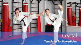  Presentation with karate - Presentation theme featuring gi - young man and woman practicing background and a teal colored foreground