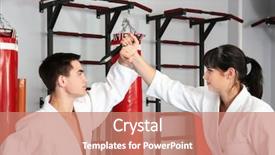  Presentation with man vs woman - Beautiful presentation theme featuring gi - young man and woman practicing backdrop and a coral colored foreground