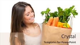  Presentation with bag - Amazing PPT theme having gi - young woman holding a shopping backdrop and a coral colored foreground