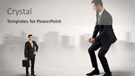  Presentation with suitcase - Audience pleasing slide deck consisting of giant businessman being afraid of small serious executor with suitcase backdrop and a light gray colored foreground