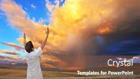  Presentation with sun salutation - Beautiful slide deck featuring giant cloud illuminated by the sunset yoga on the road elderly woman in white performs asana sun salutation on the highway backdrop and a tawny brown colored foreground