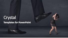  Presentation with stepping - Beautiful theme featuring giant person stepping on a little businesswoman concept on background backdrop and a dark gray colored foreground