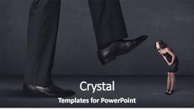 Presentation with stepping - Beautiful slide deck featuring giant person stepping on a little businesswoman concept on background backdrop and a dark gray colored foreground