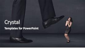  Presentation with stepping - Beautiful PPT theme featuring giant person stepping on a little businesswoman concept on background backdrop and a dark gray colored foreground