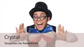  Presentation with fixing his black bow tie - Presentation consisting of giants - funny man with giant bow background and a  colored foreground