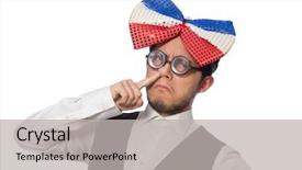  Presentation with man in suit and tie - Colorful presentation enhanced with giants - funny man with giant bow backdrop and a light gray colored foreground