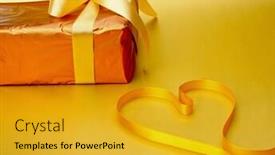  Presentation with gift ribbon - Audience pleasing PPT layouts consisting of gift and a red ribbon shaping heart backdrop and a gold colored foreground