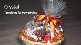  Presentation with wooden cross against the sky - Theme with gift basket against wooden background background and a dark gray colored foreground