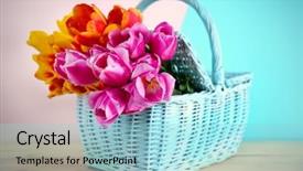  Presentation with beautiful spring flowers - Beautiful presentation design featuring gift baskets - basket with beautiful bouquet backdrop and a light blue colored foreground
