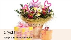  Presentation with boxes - PPT layouts with gift baskets - beautiful bouquet in the basket background and a  colored foreground
