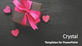  Presentation with wooden heart the slogan - Amazing PPT layouts having gift box and decorative hearts backdrop and a dark gray colored foreground