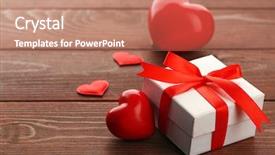  Presentation with wooden heart the slogan - PPT theme consisting of gift box and decorative hearts background and a coral colored foreground