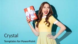  Presentation with children little child girl plays - Amazing theme having gift box and looking away backdrop and a light blue colored foreground