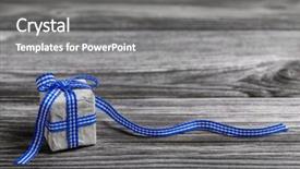 Presentation with blue ribbon - Cool new slides with gift box with blue checked ribbon on wooden grey background backdrop and a gray colored foreground