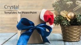  Presentation with christmas presents - Colorful PPT theme enhanced with gift box with christmas presents and santa hat on a wooden background backdrop and a soft green colored foreground