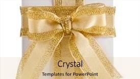  Presentation with gift ribbon - Slides having gift box with golden ribbon bow isolated on white background background and a coral colored foreground