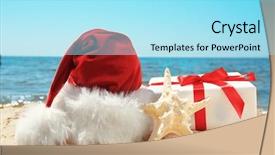  Presentation with santa - Beautiful theme featuring gift box with santa hat and sea star on beach christmas holiday concept backdrop and a arctic colored foreground
