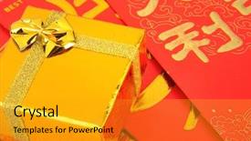  Presentation with gold red - PPT theme featuring gift box with the chinese background and a gold colored foreground