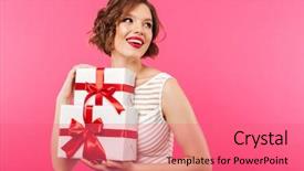  Presentation with copy space - Slide deck enhanced with gift boxes and looking away background and a coral colored foreground