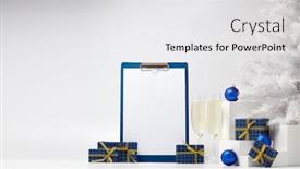  Presentation with flutes - Audience pleasing slide set consisting of gift-boxes-blank-clipboard-two backdrop and a white colored foreground