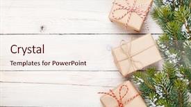  Presentation with snow tree - Audience pleasing PPT theme consisting of gift boxes on rustic backdrop and a sky blue colored foreground