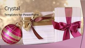  Presentation with golden christmas - PPT theme featuring gift boxes with vinous and golden ribbons and bows and christmas tree toy on table on shiny background background and a coral colored foreground