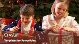  Presentation with christmas tree - Presentation theme having gift boys - children opening christmas present background and a tawny brown colored foreground