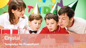  Presentation with birthday cake and candle - Beautiful slide deck featuring gift boys - portrait of family blowing together backdrop and a coral colored foreground