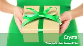 Presentation with gift ribbon - Slide deck with gift present woman hands showing background and a shamrock green colored foreground