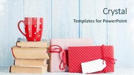  Presentation with christmas chocolate - Beautiful theme featuring hot chocolate cup and christmas gift boxes view with copy space backdrop and a sky blue colored foreground