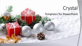  Presentation with christmas red - Presentation theme enhanced with gifts and balls on snow background and a  colored foreground