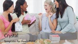  Presentation with gifts - Slide set with homeparty - friends offering gifts to woman background and a coral colored foreground