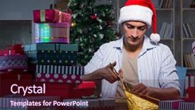  Presentation with gifts - Slide deck featuring giftwrap - man with many christmas gifts background and a wine colored foreground
