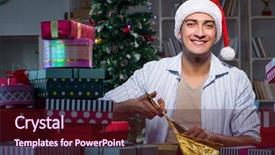  Presentation with gifts - Audience pleasing presentation design consisting of giftwrap - man with many christmas gifts backdrop and a  colored foreground